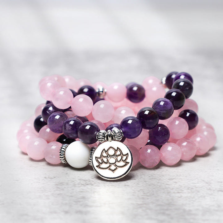 Zen Flow -108 Natural Rose Quartz & Amethyst Mala Bead Lotus Pendant Bracelet