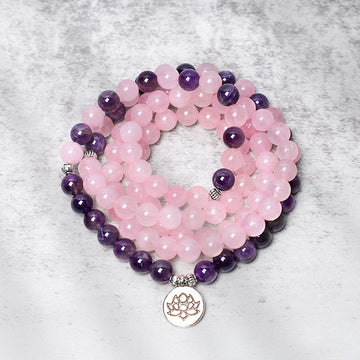 Zen Flow -108 Natural Rose Quartz & Amethyst Mala Bead Lotus Pendant Bracelet
