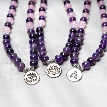 Zen Flow -108 Natural Rose Quartz & Amethyst Mala Bead Lotus Pendant Bracelet