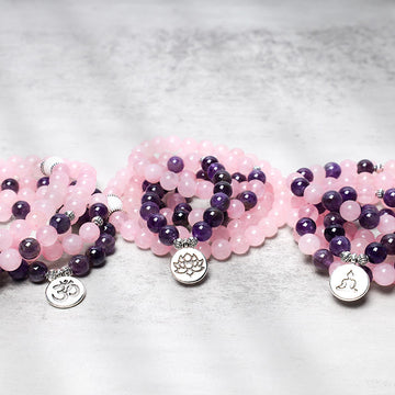 Zen Flow -108 Natural Rose Quartz & Amethyst Mala Bead Lotus Pendant Bracelet
